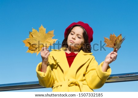 Melancholy concept. Ideas for autumn leisure. Kid hold maple leaves. Small girl wear fall outfit outdoors. Autumn bucket list. Sad kid collecting memories. Farewell to autumn. Last autumn beams.