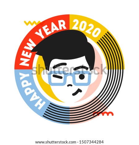 Young winking and smiling male character in round frame with text. Happy New Year 2020 cute badge isolated on white background. Flat style vector illustration for seasonal design