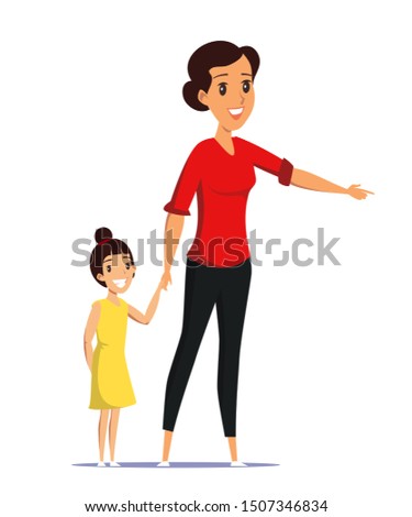 Mother with daughter flat vector illustration. Smiling young woman and little girl cartoon character. Cheerful mom, babysitter and child holding hands, spend time together. Happy motherhood, childhood