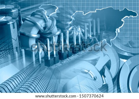 Abstract computer background with electronic device, buildings and map.