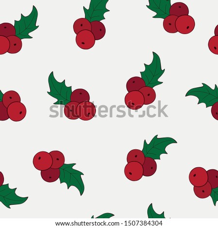 Christmas seamless pattern of Holly twig. Hand drawn Christmas plants. Christmas holly berries illustration.