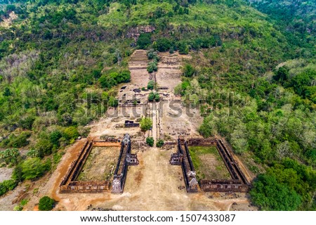 Wat Phou is a relic of a Khmer temple complex in southern Laos. Wat Phou is located at the foot of Phou Kao Mountain, Champasak Province, near Mekong River. Aerial view