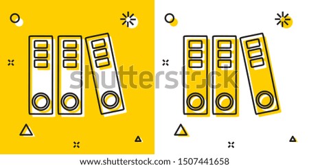 Black Office folders with papers and documents icon isolated on yellow and white background. Office binders. Archives folder sign. Random dynamic shapes. Vector Illustration