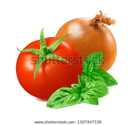 Tomato, green basil and yellow onion isolated on white background. Package design element with clipping path