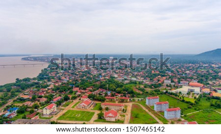 Aerial view of Pakse city, Champasak Province, Southern Laos
