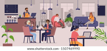 Young People Characters Dinning and Working in modern Coffeehouse. Woman and Man Talking and Drinking Coffee. Coworking Loft Office with Cafe. Flat Cartoon Vector Illustration. Royalty-Free Stock Photo #1507469990