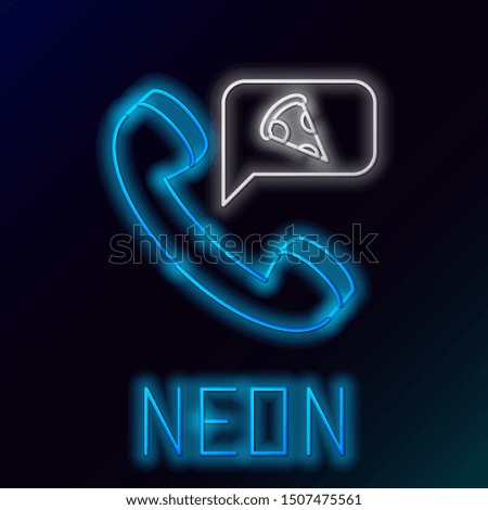 Blue glowing neon line Food ordering pizza icon isolated on black background. Order by mobile phone. Restaurant food delivery concept. Colorful outline concept. Vector Illustration