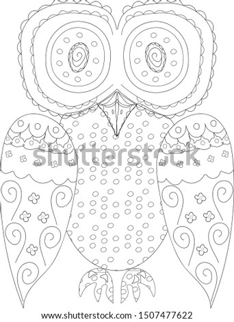 Owl. Coloring antistress. Black and white hand drawn vector illustration for coloring.