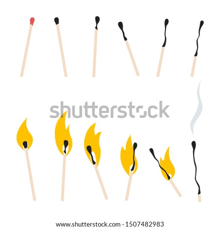 Vector flat colored set of burning matches