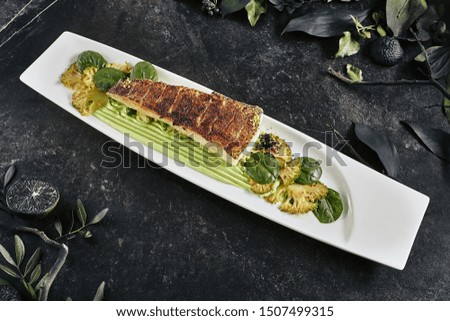 Beautiful Restaurant Plate of Baked Halibut Fillet and Broccoli in Different Textures. Exquisite Italian Dish of Grilled Flatfish or Sole Fish on Natural Black Stone, Leaves Background
