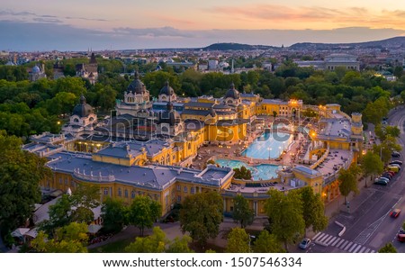 Europe, Hungary, Budapest. Aerial Photo from a thermal bath in Budapest. Szechenyi thermal bath in the city park of Budapest.  Royalty-Free Stock Photo #1507546334