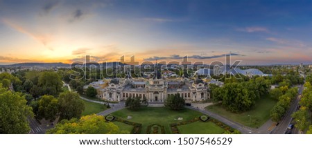 Europe, Hungary, Budapest. Aerial Photo from a thermal bath in Budapest. Szechenyi thermal bath in the city park of Budapest. Panoramic photo