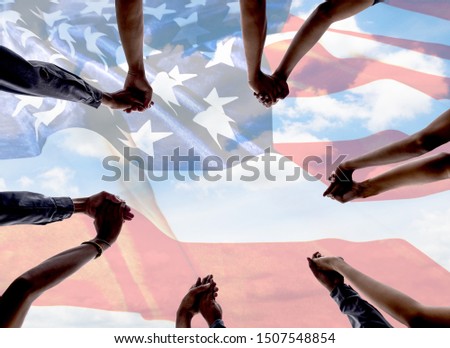 praying hand silhouette of people with an abstract pattern gesture on a sky and American flag background with clipping path feeling for happiness relation strong power of business teamwork together 
