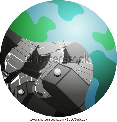 Vector digital drawing picture of blue planet earth half full of litter rubbish garbage waste and trash. Mess dirty and pollution as a global problem. Clogged world isolated on white background