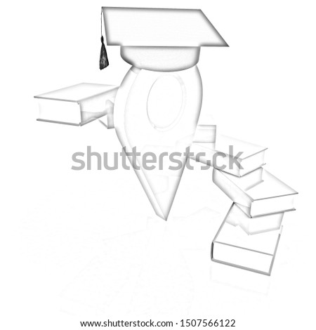 Pointer of education in graduation hat with books around. 3d illustration. Pencil drawing.