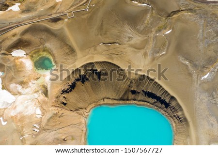 Scenic top down view of small lake with turquoise water color