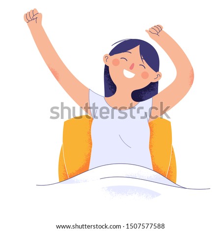 young women wake up in the morning feeling happy and excited, women on mattresses raise their hands with happy faces, facial expressions of happy and feeling healthy women Royalty-Free Stock Photo #1507577588