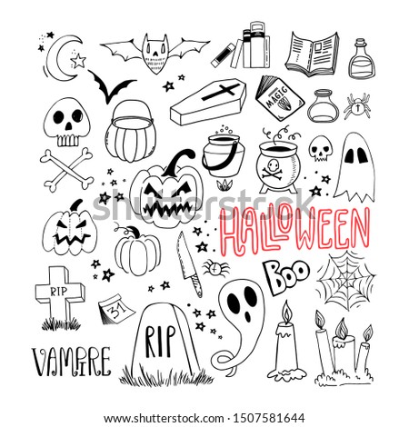 Hand drawn collection of Halloween doodles. Spooky and fun set of icons. EPS 8