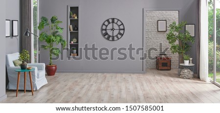 Modern grey interior rom, decorative background, carpet sofa house object, nobody empty room.