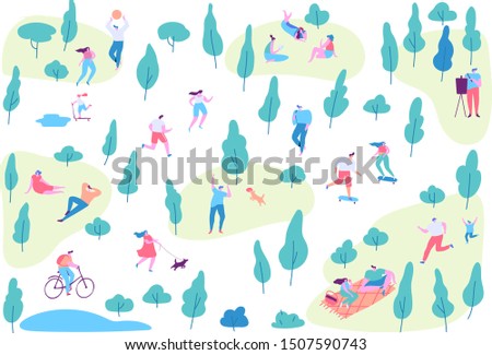 Various people at summer park background. Leisure outdoor activities - walking dog, playing with ball, jogging, reading, picnic. Cartoon style flat vector illustration.