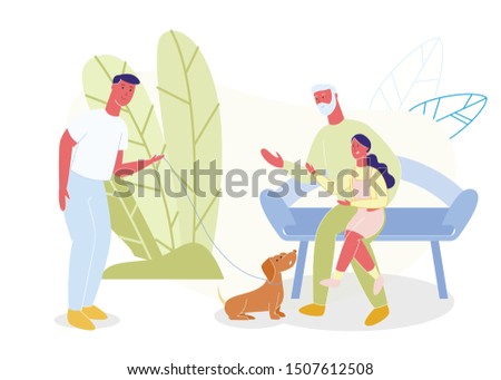 Grandpa and Granddaughter, Man with Dog in Park. Grandfather Holding Girl on Knees while Sitting on Bench. Old Man Greeting Passing Male Character with Pet. Family on Walk. Vector Flat Illustration