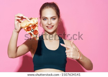 Fast food slice pizza woman calories short t-shirt fitness