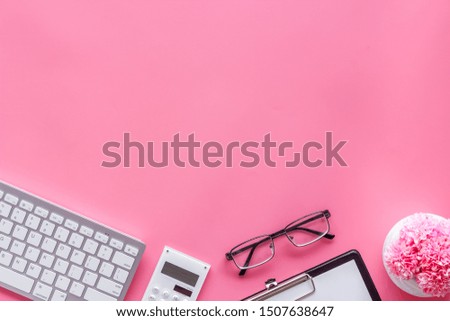 Female pink work desk flat lay space for text top view