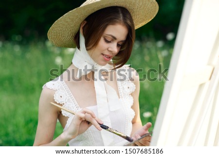 woman smile easel artist hobby oil beauty brush beauty
