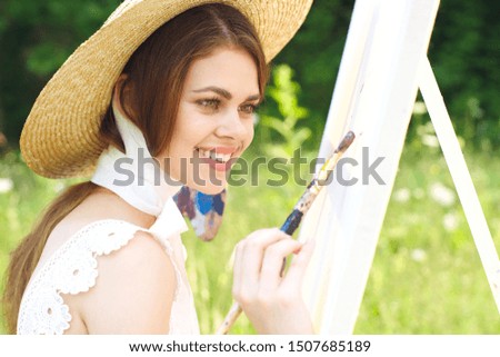 woman smile easel artist hobby oil beauty brush beauty