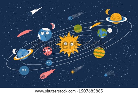 Cartoon solar system pattern with cute smiley earth, moon, sun and planets. Futuristic background with comets and stars. Galaxy wallpaper for kids.