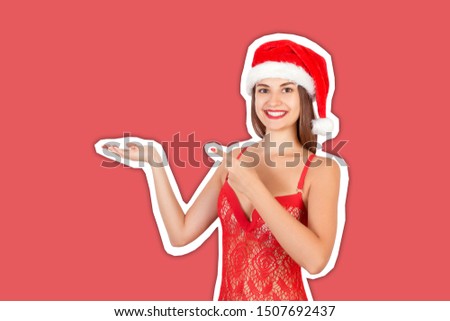 Young beautiful woman in christmas hat amazed and smiling to the camera while presenting with hand and pointing with finger. Magazine collage style with trendy color background.