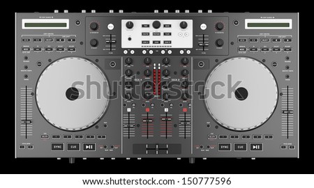 top view of dj mixer controller isolated on black background 