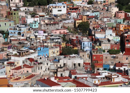 Guanajuato, Mexico - 2018: An aerial view of Guanajuato city and its colorful architecture.
