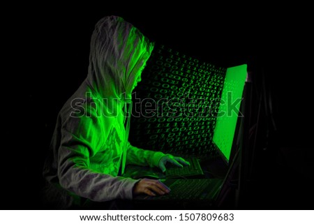 Women hacker breaks into government data servers and Infects Their System with a Virus at his hideout place has dark atmosphere, Lady hooded using laptop on binary code background , Malware conce