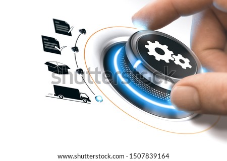 Hand turning a process knob over white to fullfill an order. Concept of e-commerce. Composite image between a photography and a 3D background.