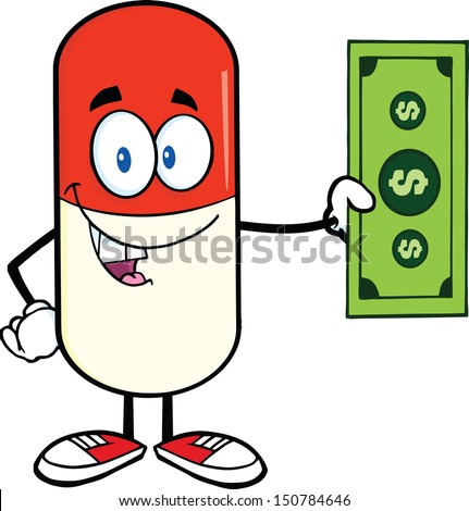Pill Capsule Cartoon Mascot Character Showing A Dollar Bill