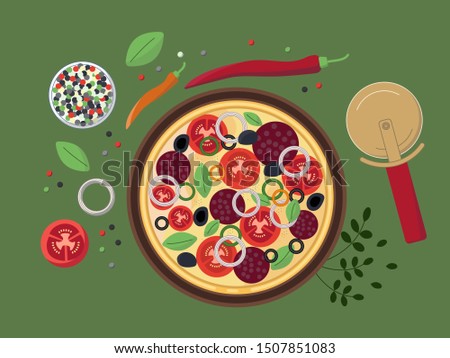 Traditional Italian pizza, vegetables, ingredients. View from above.