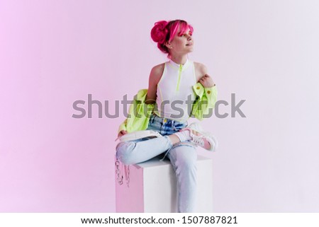 young woman model on white background beautiful stylish