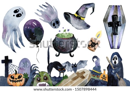 Set of hand-drawn elements painted in watercolor. Cute illustrations for Halloween. Watercolor halloween collection. Artistic autumn constructor clip art. 