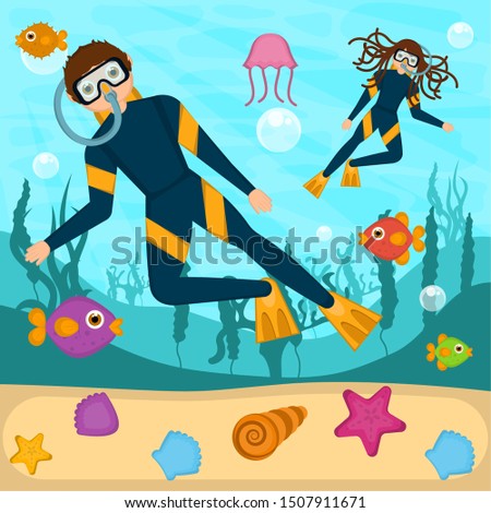 Scuba divers in the bottom of the sea - Vector