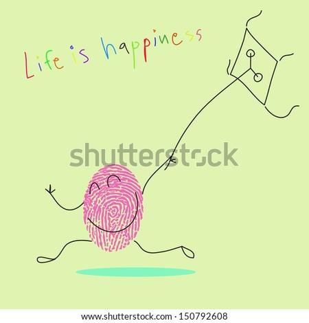 cartoon finger print vector,happy boy running with a kite