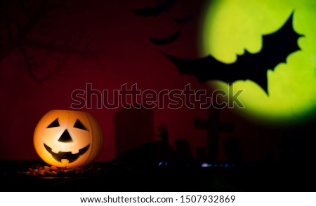 Halloween pumpkin with blue background and moon, copy space concept background halloween