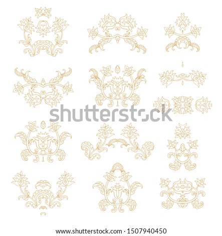 Set of stylized ornamental floral  vignettes, adornments on white background