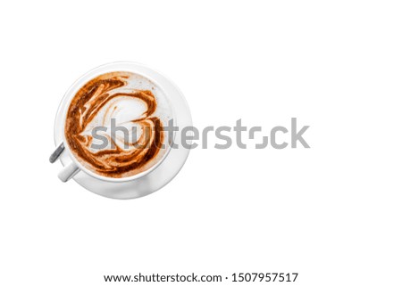 Hot coffee cappuccino latte spiral foam isolated on white background