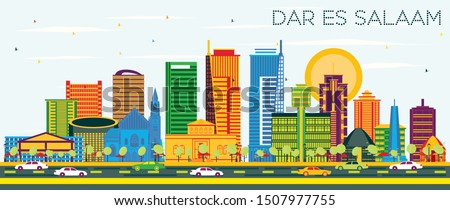 Dar Es Salaam Tanzania City Skyline with Color Buildings and Blue Sky. Vector Illustration. Business Travel and Tourism Concept with Modern Architecture.