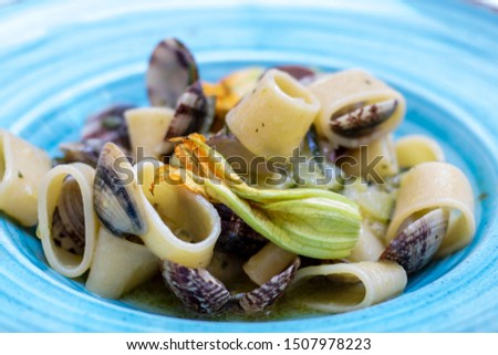 Plate of pasta with seashells and courgette flowers, called calamarata, traditional recipe of Naples cuisine, Italy 