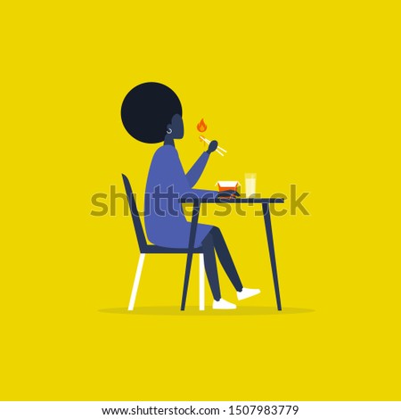 Hot spicy asian food. Fastfood to go. Noodle box. Young black female character holding chopsticks. Lunch. Daily routine. Flat editable vector illustration, clip art