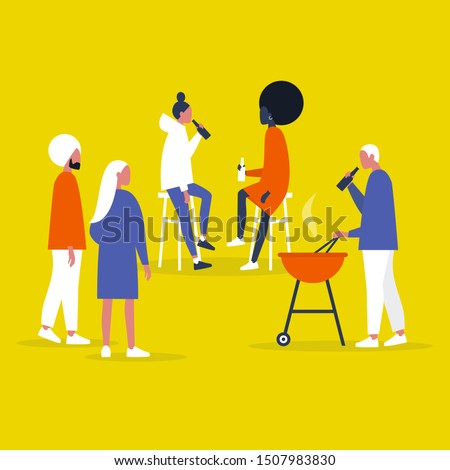 BBQ backyard party. Young adults drinking alcohol and preparing a grilled food. Lifestyle. Weekend activities. Flat editable vector illustration, clip art