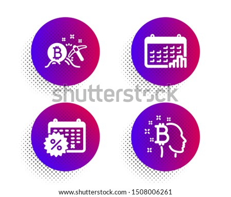 Bitcoin mining, Calendar discounts and Calendar graph icons simple set. Halftone dots button. Bitcoin think sign. Cryptocurrency pickaxe, Shopping, Annual report. Cryptocurrency head. Vector