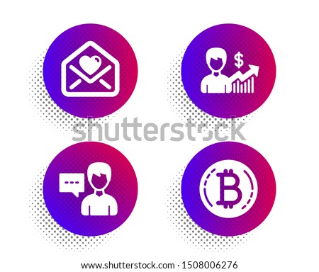 Business growth, Love letter and Person talk icons simple set. Halftone dots button. Bitcoin sign. Earnings results, Heart, Communication message. Cryptocurrency coin. Business set. Vector